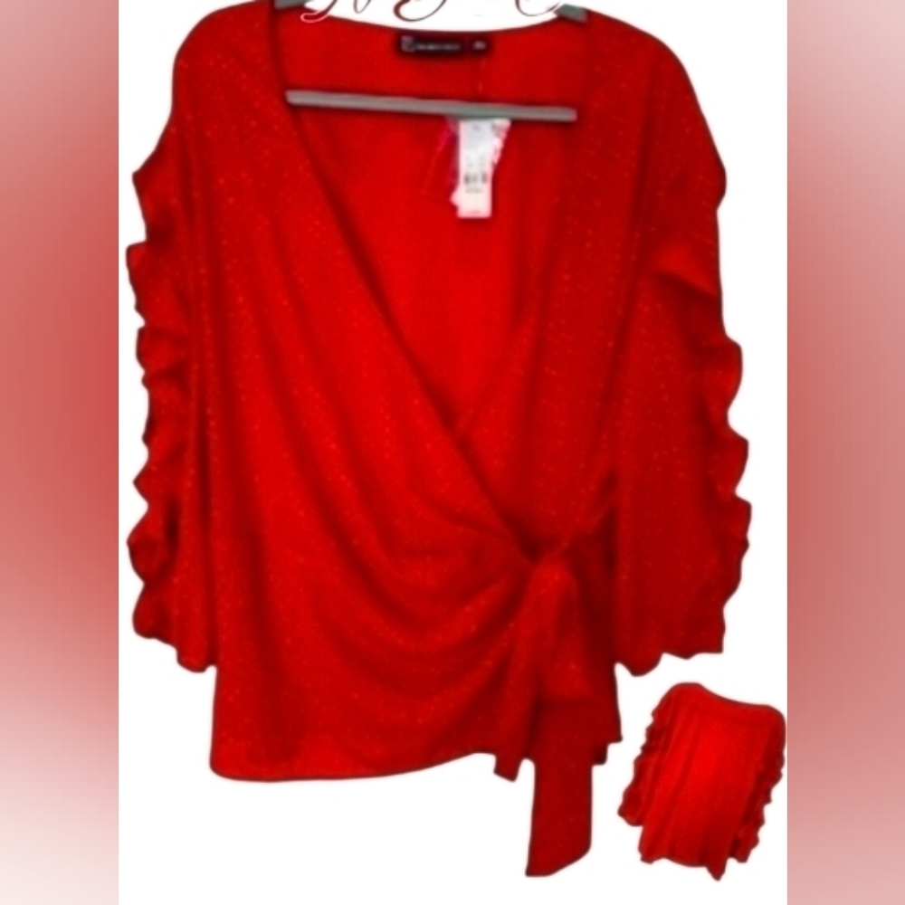 NY&C Red With Gold Polka Dot Wrap Blouse XXL  Long Sleeve Holiday Ready NWT